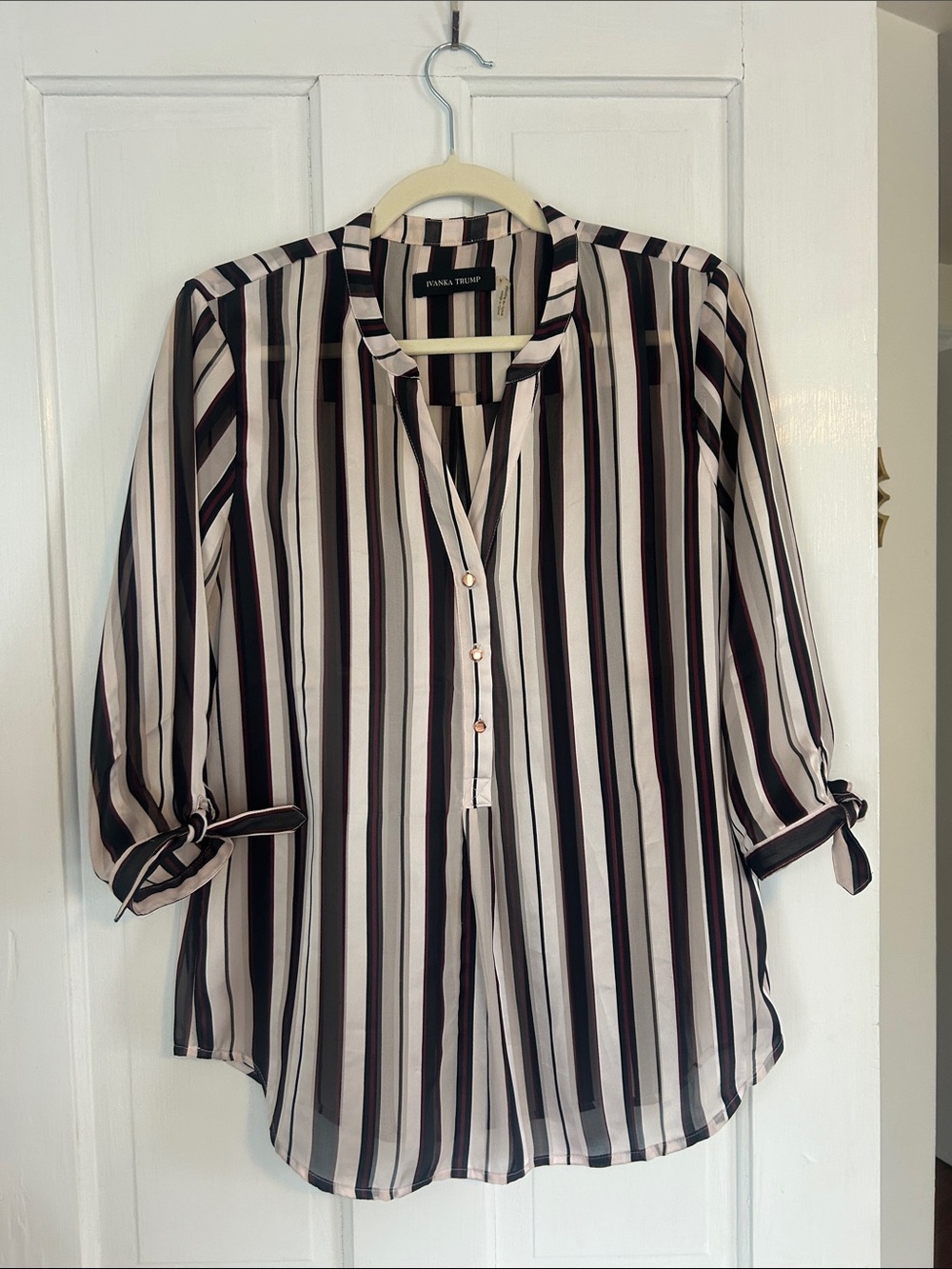 Ivanka Trump Black & Cream Vertical Stripe Button-Front Blouse